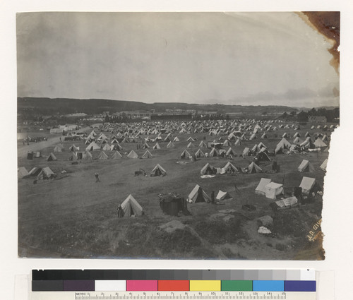 [View of refugee camp at Fort Mason.]