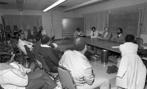 Southern Area NAACP Conference meeting attendees listening to speakers, Inglewood, California,1983