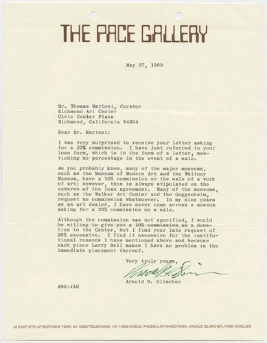 Letter to Tom Marioni from Arnold B. Glimcher (Invisible Painting and Sculpture)