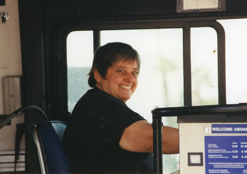 Judy Abdo in the driver's seat on a Big Blue Bus as part of 'Bus Roadeo Day' activities