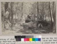 Setup of electric oven run from generator on the truck used by Fairbank and Curry in studies of the size and heat of sparks which set fires. In ponderosa pine stand near McCloud, Shasta National Forest. August 1932. Metcalf