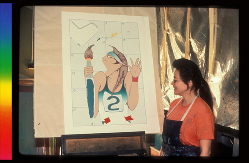 Barbara Carrasco Standing Next to her Print "Self-Portrait" Made in 1984