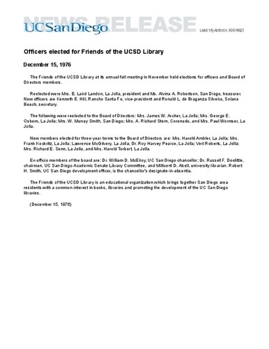 Officers elected for Friends of the UCSD Library