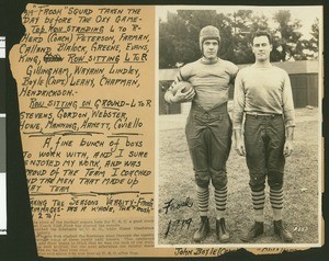 University of Southern California football player John Boyle with football coach Cliff Herd, USC campus, Los Angeles, 1919