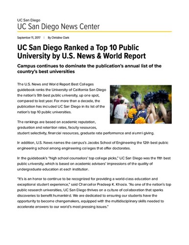 UC San Diego Ranked a Top 10 Public University by U.S. News & World Report
