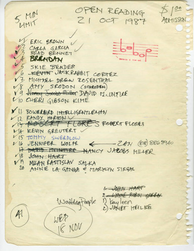 Open Mike Night, Signup Sheet, 21 October 1987