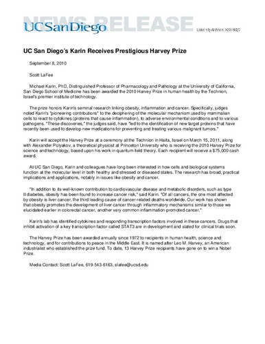 UC San Diego’s Karin Receives Prestigious Harvey Prize