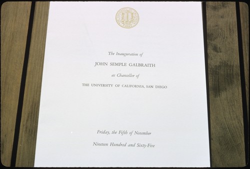 Program for Chancellor John S. Galbraith's inauguration ceremony