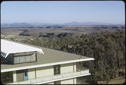 Mayer Hall in foreground and undeveloped mesas of University City in background, looking southeast