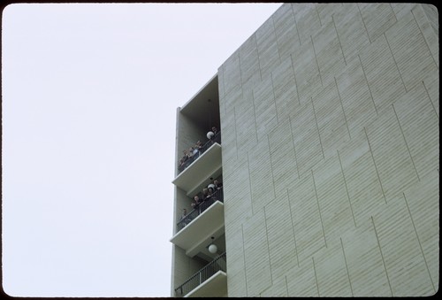 Students and staff watching the watermelon drop from Urey Hall