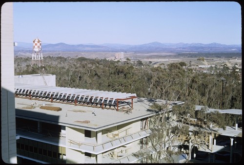 Bonner Hall, under construction, from Urey Hall, looking northeast with Scripps Hospital in background