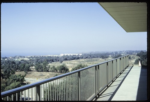 Future site of John Muir College, looking north across foundations of Camp Callan buildings with the Salk Institute for Biological Studies in the background