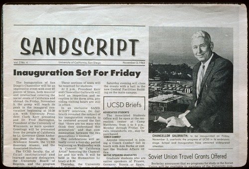 "Sandscript," a UCSD newspaper announcing Chancellor Galbraith's inauguration