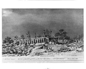 Drawing by Edward Vischer depicting the ruins of Elder Lyman and Richie's residence in San Bernardino, April 1865-1873