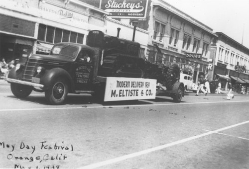 May Day Festival with Eltiste truck on South Glassell Strett, Orange, California, 1939