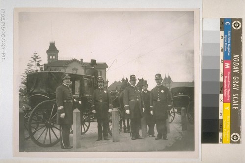 Beat policemen awaiting arrival of President McKinley (long coats--mounted police wore short coats)