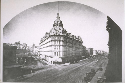 Baldwin Hotel. Corner of Powell and Market. [Now site of the Flood Building.] Ca. 1880