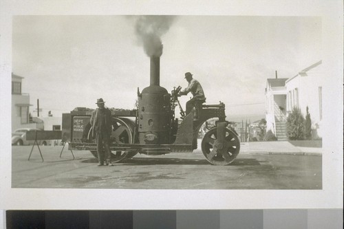 Department of Public Works, San Francisco, steam street roller, 17th [i.e. Seventeenth] Ave. & Noriega Sts. 1939