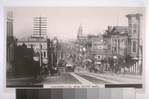 California St. from Dupont (Grant Ave.) looking east. California Safe Deposit & Trust Co. tower; Adelphi Theater, with flagpole, right. 1879