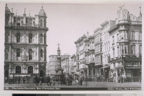 Kearny and Geary Streets. Lotta's Fountain. 1885. [Photograph by Taber]