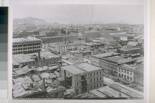 Bird's eye view toward Telegraph Hill. Fremont between Mission and Howard. Joshua Hendy Machine Works left center [now in Sunnyvale]. [Photograph by Taber]