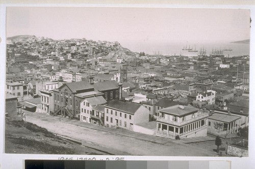 Looking northeast from Sacramento and Powell. San Francisco Normal School (double pair of stairs), at one time Boys' High School [now Lowell High School]. Telegraph Hill in left Background. Ca. 1870