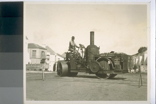 Department of Public Works, San Francisco, steam street roller, 17th [i.e. Seventeenth] Ave. & Noriega Sts. 1939