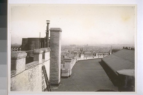 Academy of Science Building, rooftop, Market St. (pre-fire, now the Commercial Building), 1895. Looking south. St. Rose Catholic Church, center. Southern Pacific Office Building, 4th [i.e. Fourth] & Townsend Sts., left