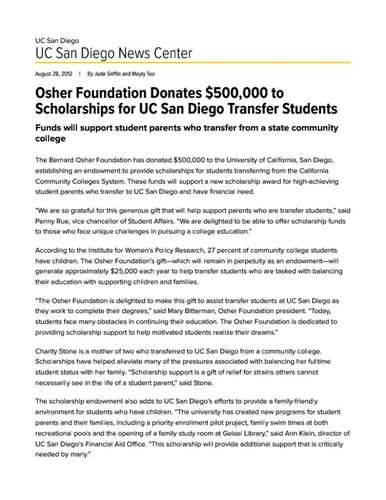 Osher Foundation Donates $500,000 to Scholarships for UC San Diego Transfer Students