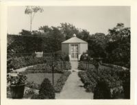 Dr. and Mrs. P. G. White residence, view of cutting garden with parterre beds and lath house, Los Angeles, 1934