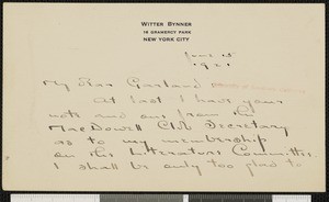 Witter Bynner, letter, 1921-06-15, to Hamlin Garland