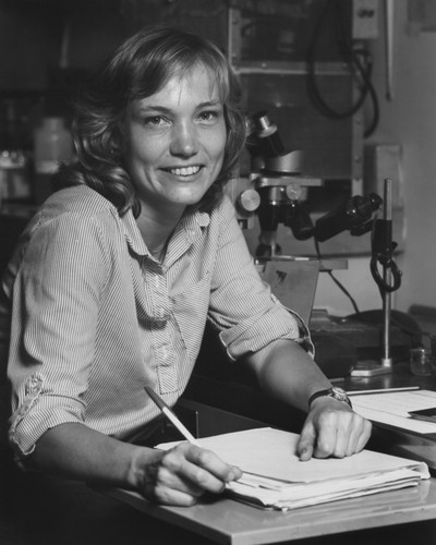 Scientist Kristin McDougall, serving in the role of foraminifera micropaleontologist aboard the D/V Glomar Challenger (ship) on Leg 84 of the Deep Sea Drilling Project. 1982