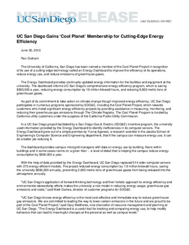 UC San Diego Gains ‘Cool Planet’ Membership for Cutting-Edge Energy Efficiency