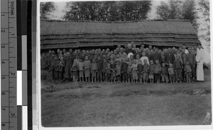 Maryknoll Father McRae with large group of local people, Wuchow, China, 1935