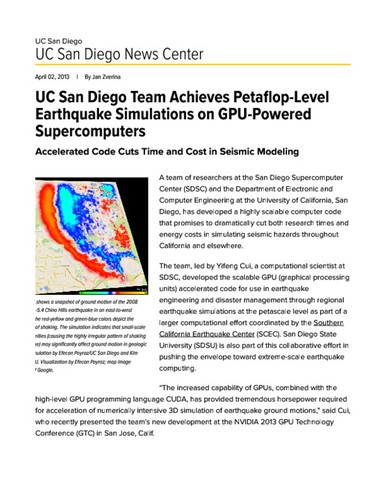 UC San Diego Team Achieves Petaflop-Level Earthquake Simulations on GPU-Powered Supercomputers