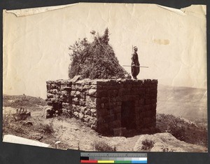Watchman standing atop a stone structure, Syria, ca.1856-1910