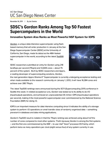 SDSC’s Gordon Ranks Among Top 50 Fastest Supercomputers in the World
