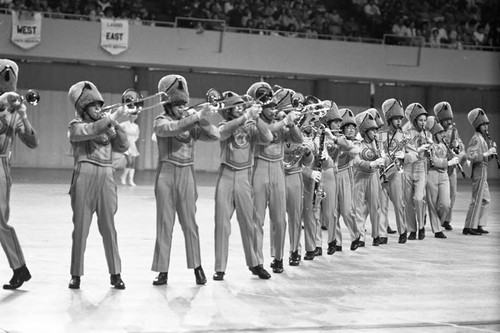 Chatsworth High School students performing at a LAUSD Band and Drill Team Championship, Los Angeles,1983