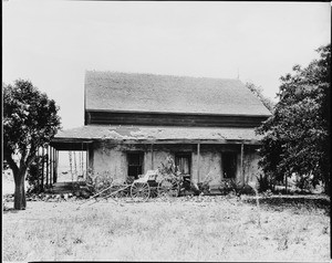Exterior view of Antonio Jose Rocha's adobe as seen from the front on the corner of Cadillac Street and Shenandoah Street, Los Angeles, ca.1864