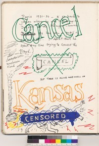 Notebook page with cancel and Kansas written in large letters