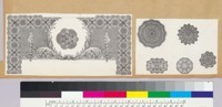 Album page with bank note and typographic vignettes of geometric patterns