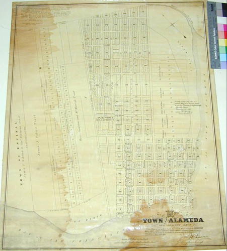 Map of the town of Alameda and adjacent lands : this map is compiled from surveys & maps made by J.E. Whitcher Benj. L. Jones, James T. Stratton & Horace A. Higley, Alameda County Surveyors, and includes the town of Alameda as incorporated by the Legislature of California April 19th 1854