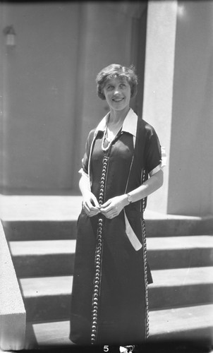 Dorothy Morton on front stairs of a house in Berkeley