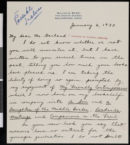 William A. Borst, letter, 1933-01-06, to Hamlin Garland