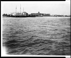 View of the Ship Cafe along the Venice Pier, taken from a steamer out in the water, ca.1905