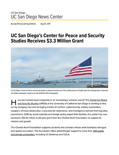 UC San Diego’s Center for Peace and Security Studies Receives $3.3 Million Grant