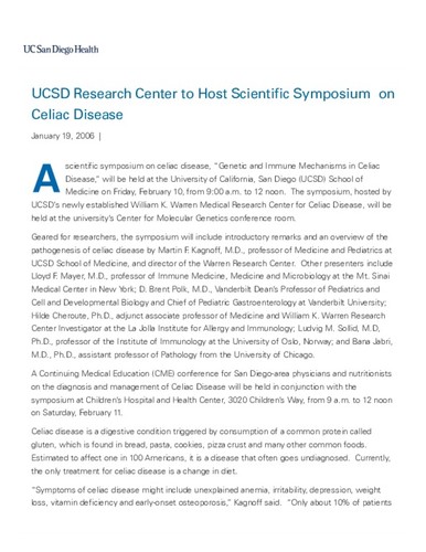 UCSD Research Center to Host Scientific Symposium on Celiac Disease