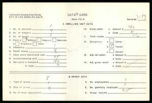 WPA Low income housing area survey data card 61, serial 3189
