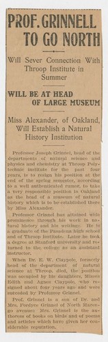 "Prof. Grinnell to Go North; Will Sever Connection with Throop Institute in Summer." (newspaper clipping)