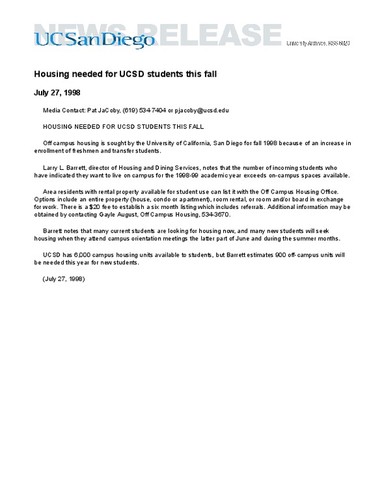 Housing needed for UCSD students this fall